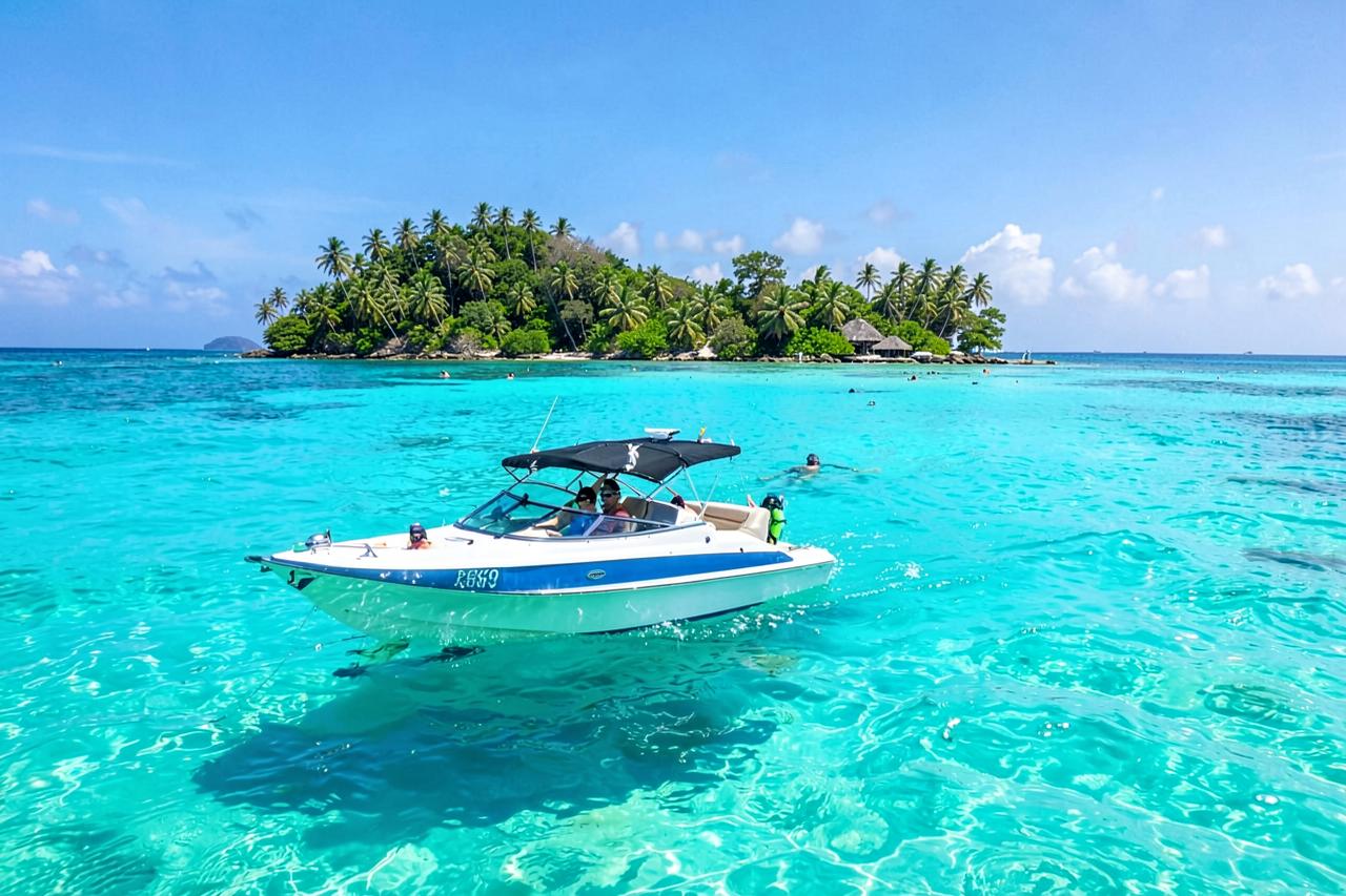 Speedboat on a turquoise Mauritius lagoon