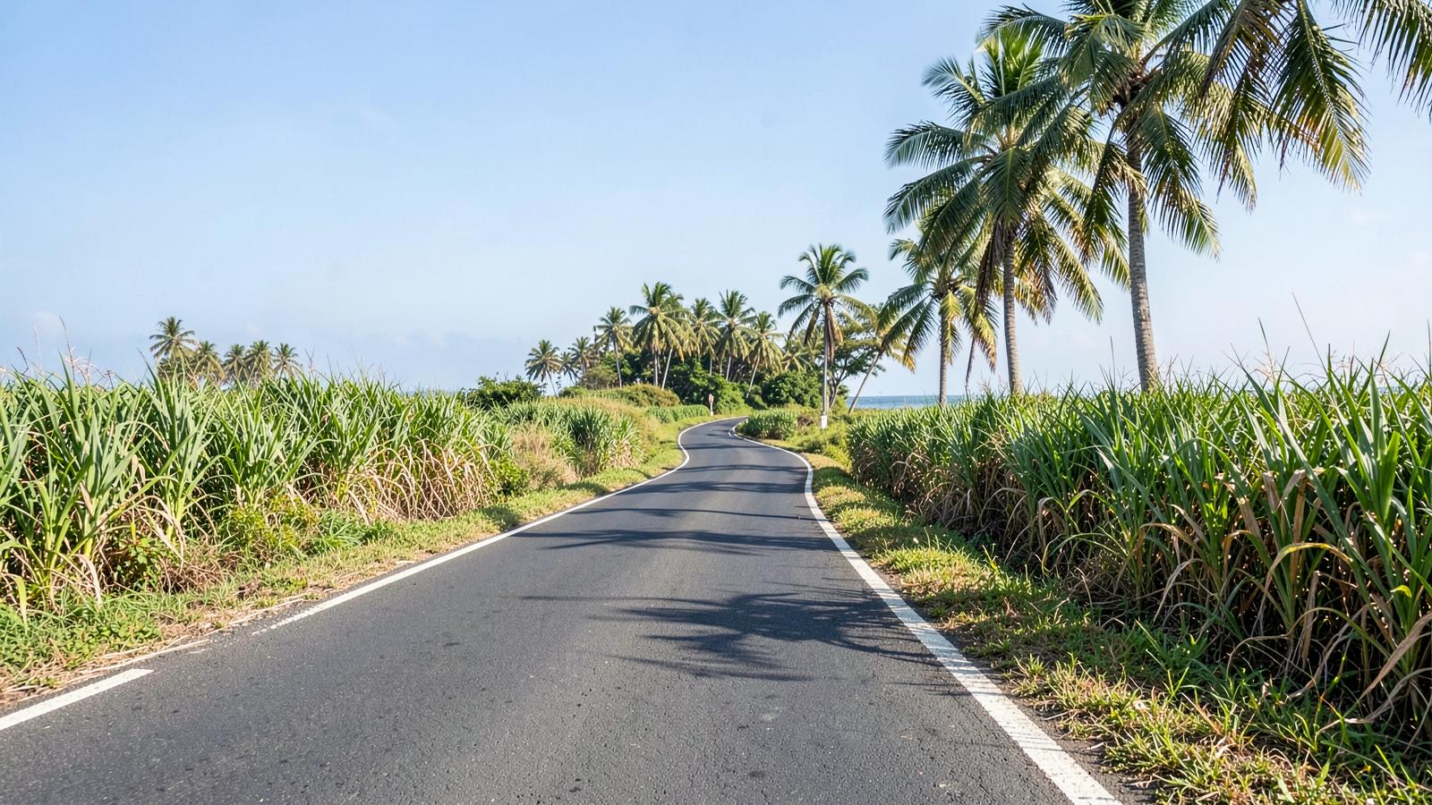 Quiet coastal road between sugar cane fields in Mauritius
